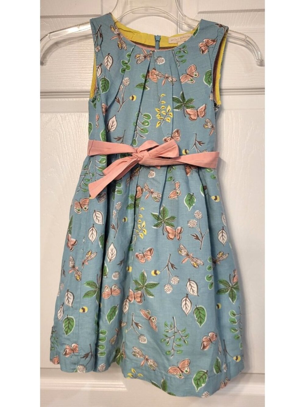 Girls Mini Boden Blue Floral Belted Cotton Dress 6/7 Sleeveless Lined